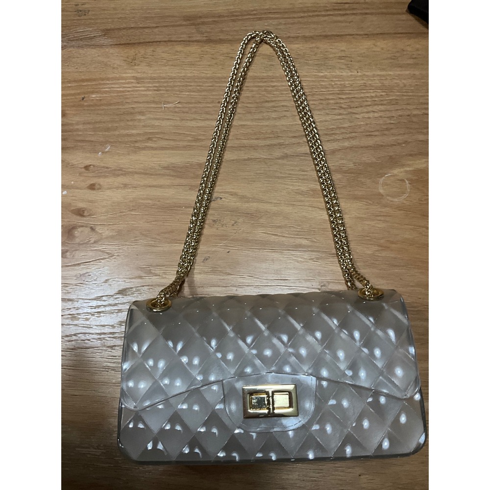 Clear Jelly Quilted Shoulder Bag Gold Chain Strap Smoke Grey PVC Crossbody